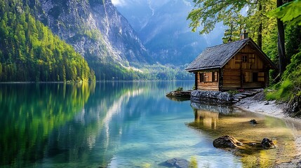 Fototapeta premium Cabin lake mountain landscape scenic nature travel destination tourism adventure vacation retreat getaway 100