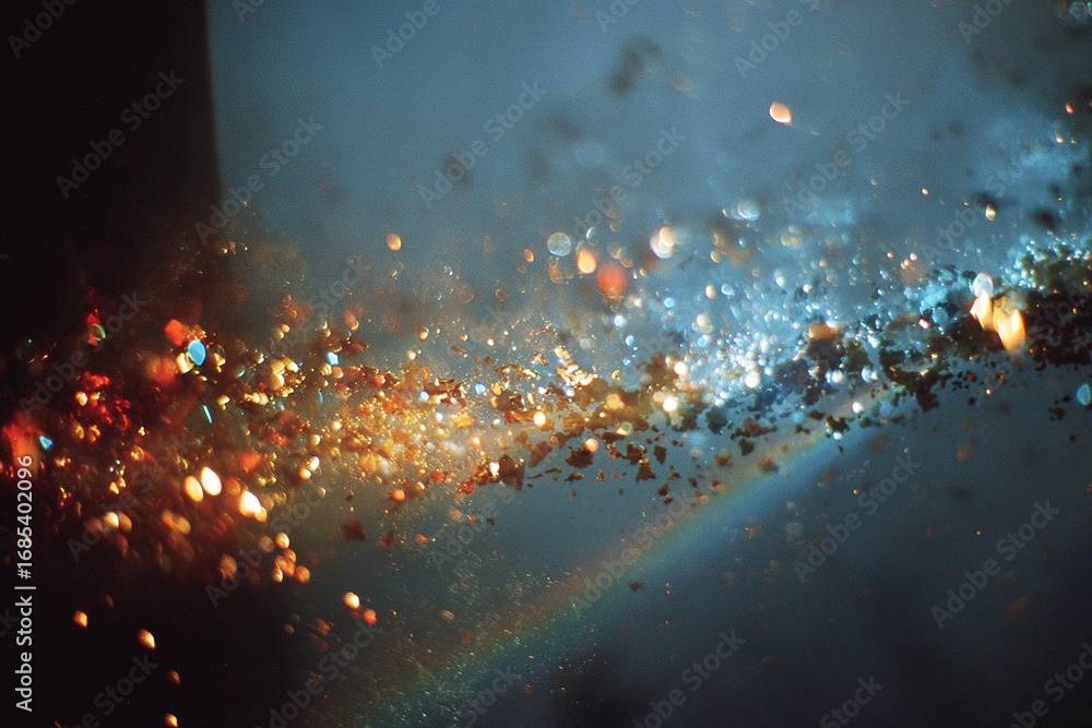 Poster colorful particles create a mesmerizing effect in a dark environment with a hint of sparkle and shim