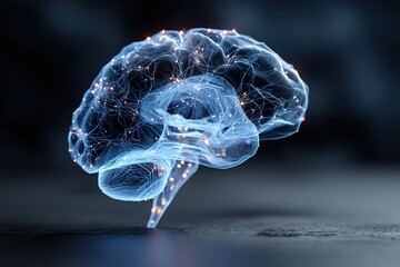 Digital rendering of a human brain showcasing neural connections and synapses in a futuristic design