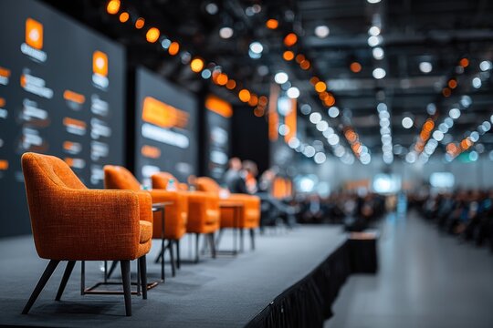 Discussing innovative ideas at a business conference with an engaging audience and vibrant stage setup in the background - Powered by Adobe
