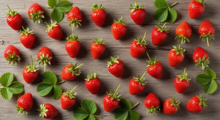 Fresh ripe strawberries arranged artfully with leaves, perfect for summer recipes