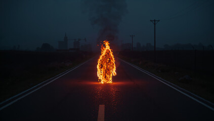 Person Shaped Flames on a Foggy Road at Night