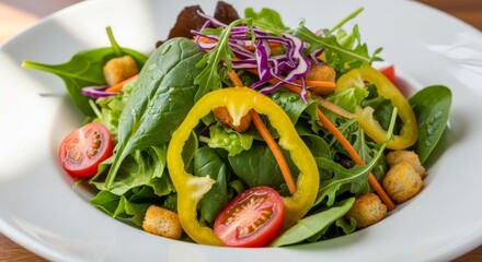 Fresh salad delight with vibrant vegetables and croutons, healthy and appetizing