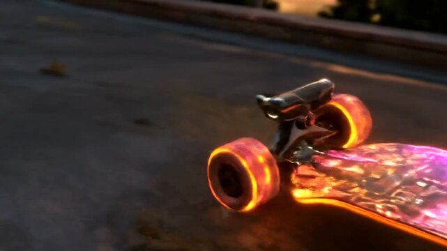 A futuristic skateboard with vibrant, glowing wheels rests on a dark, textured surface.