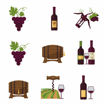 Flat Design Wine Icons Collection: Grapes, Bottles, Barrels, Corkscrew, and Vineyard Elements for Beverage and Winery Themes.