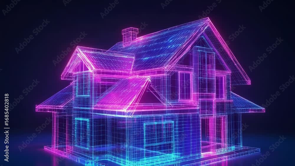 Poster glowing wireframe house representing modern architecture and design