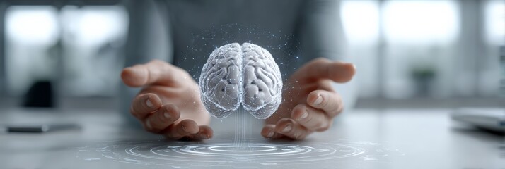 Professional analyzing virtual holographic brain projection, representing advanced artificial intelligence, cognitive technology, and futuristic digital innovation