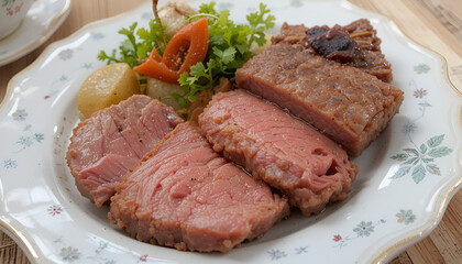 Juicy sliced roast beef with tender potatoes and fresh herbs presented elegantly on a decorative plate, perfect for culinary inspiration.
