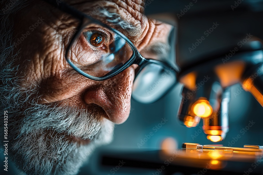 Poster elderly scientist examines microscopic samples with precision in a laboratory setting during evening
