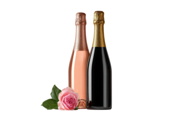 Two bottles of champagne with a rose on the table. One bottle is pink and the other is black