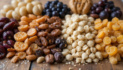 Fototapeta premium Discover a vibrant medley of healthy dried fruits and nuts, perfect for snacking, baking, or creating delicious energy bites and trail mixes.