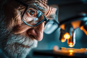 Elderly scientist examines microscopic samples with precision in a laboratory setting during evening hours