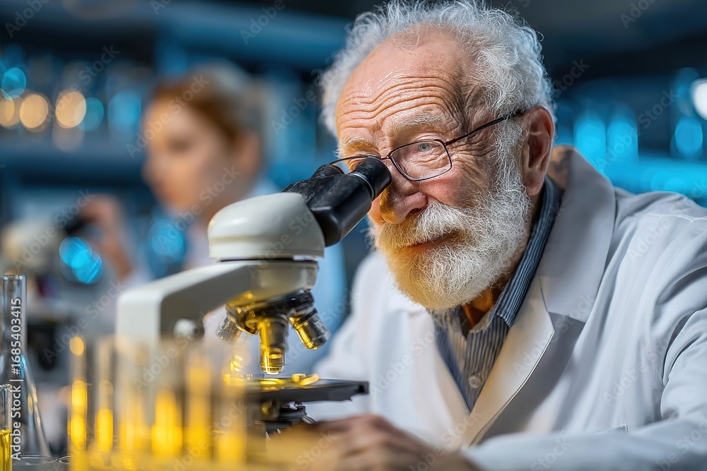 Poster experienced scientist examines samples under microscope in laboratory during research session