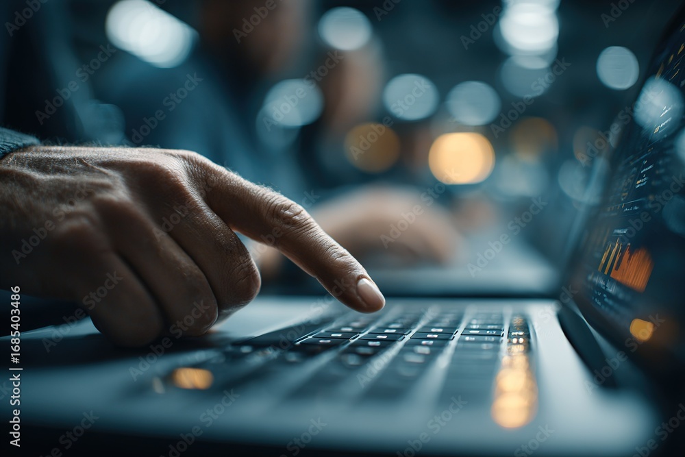 Poster close-up of a hand interacting with a laptop keyboard in a modern workspace during evening hours