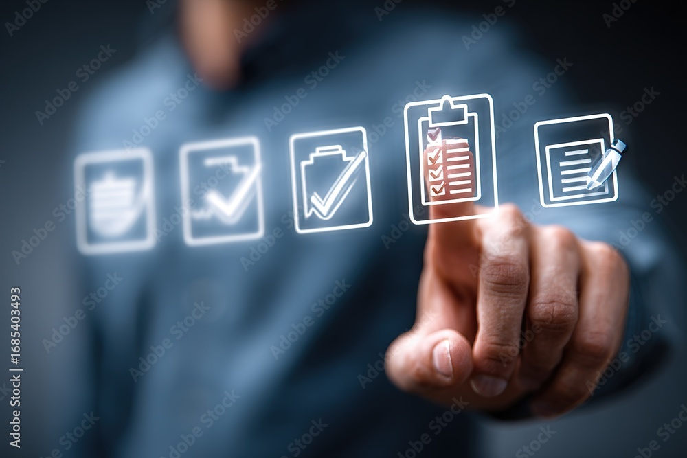 Poster person interacting with digital checklist in a modern workspace setting during daytime hours