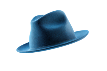 A blue hat with a pointy top sits on a white background. The hat is made of a soft material and has a slightly worn appearance. The hat is positioned at an angle, giving it a unique