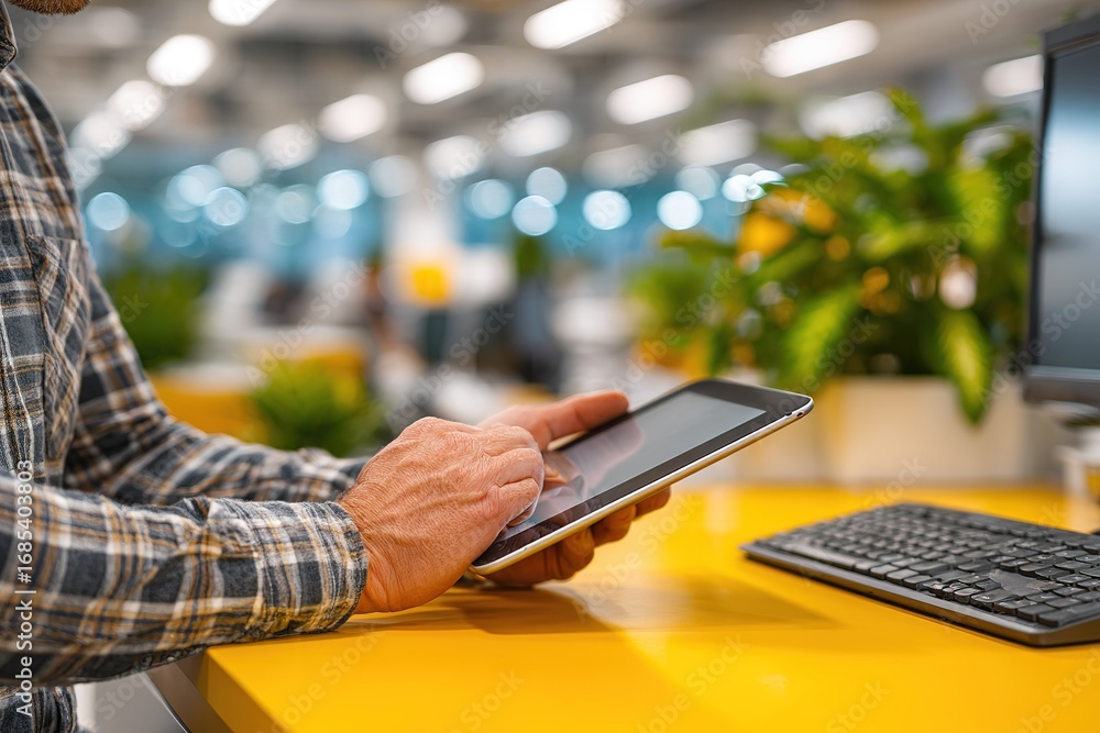 Poster man working on tablet in modern office with plants and keyboard during afternoon