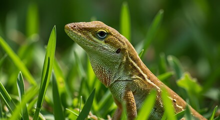 Fototapeta premium anole lizard standing in open grass