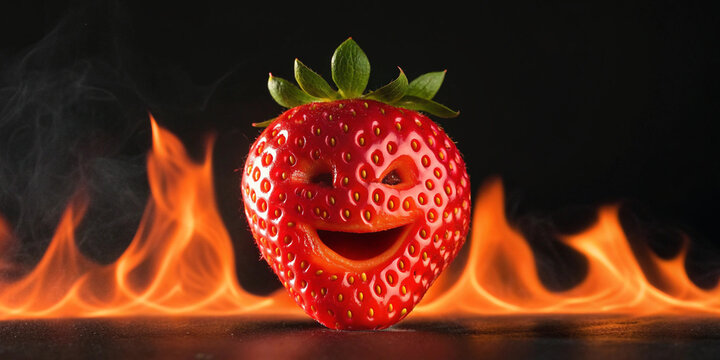 funny strawberry photo, strawberry cartoon face, strawberry with smile, strawberry funny artwork, strawberry with fire, comic strawberry photo, strawberry character art, burning strawberry photo, stra