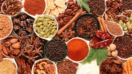 Vibrant assortment of spices displayed in bowls highlighting culinary diversity and flavors from various regions across the world
