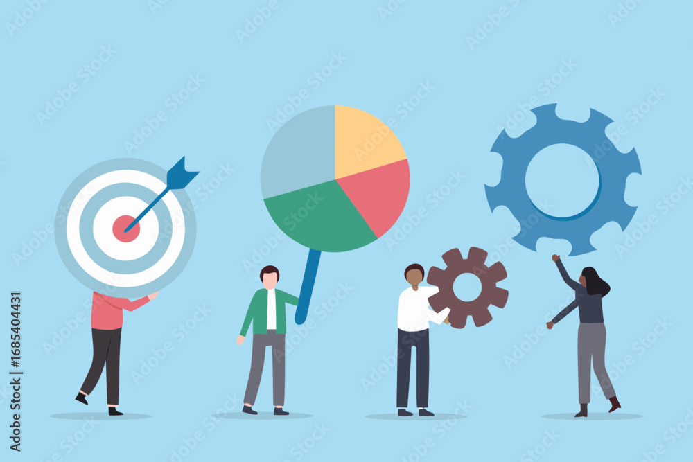 Poster diverse team collaborating on business strategy with target pie chart and gears
