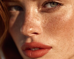 Naklejka premium Freckled Beauty Close-Up for Skincare and Natural Diversity in Beauty Campaigns – Close-Up Portrait of Woman with Freckles and Red Lips