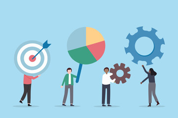 Diverse team collaborating on business strategy with target pie chart and gears