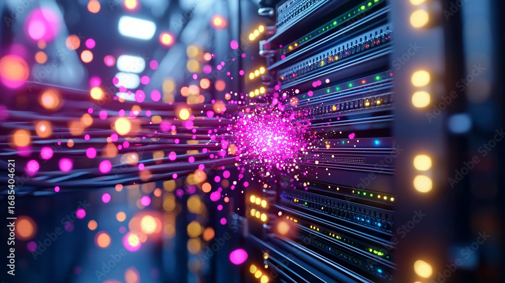 Poster abstract data stream flowing into server rack high speed digital network connectivity
