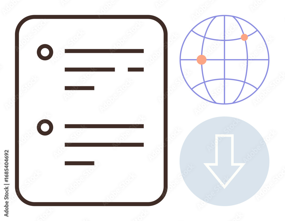 Poster document with list, globe with location points, and downward arrow signify global file sharing, coll