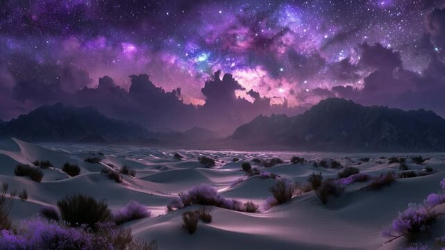Camera zoom in , desert landscape and purple space fantasy sky , video.