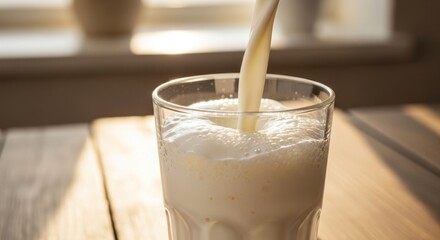 Pouring fresh milk into a glass for a healthy nutritious breakfast beverage