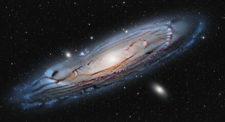 Spiral galaxy with bright core and blue arms against starry blackness stars nebula