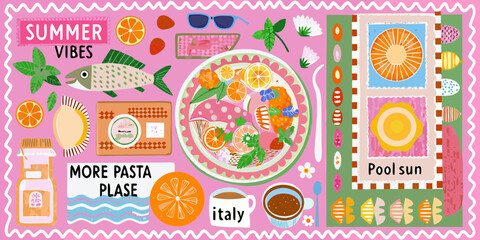 Whimsical summer vibes collage featuring food sun and italian elements