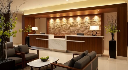 Modern Hotel Interior Design with Reception Desk and Seating Area