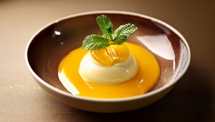 a delightful creamy dessert featuring golden fruit and a refreshing mint garnish