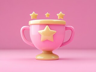 Cute 3D Icon of a Winner's Cup with Stars on a Pink Background Display