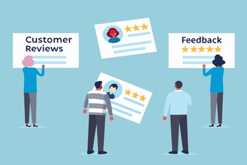 Diverse group of people reviewing customer feedback and testimonials with star ratings