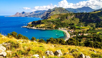 Scenic coastal view, turquoise bay, lush hills, mountains meet sea