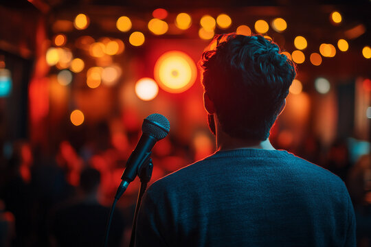 Comedian actor Performing on Stage in Front of Audience During Live Show, Generative AI image