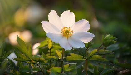 a peaceful white flower boasting a bright yellow hub is situated amidst soft green leaves and smaller flowers in a serene softly illuminated outdoor ambiance