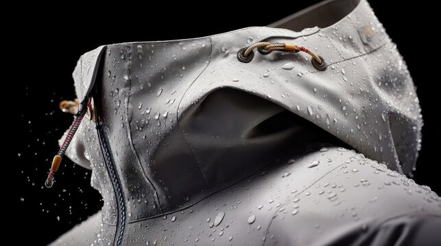 Close-up of a waterproof coat hood covered in water droplets