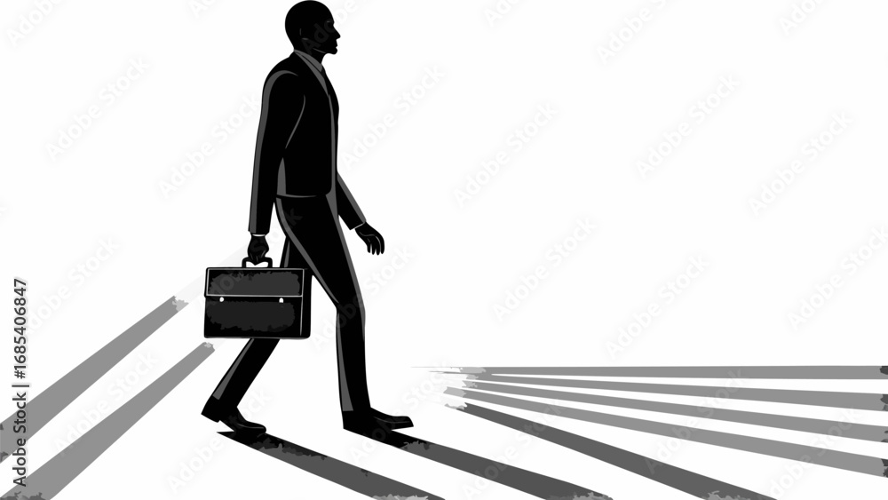 Poster silhouette of a businessman walking with a briefcase on a path of light and shadow in black and whit