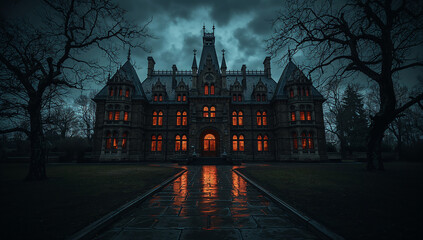 Obraz premium Dark Gothic Mansion Reflecting Shadows at Night