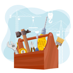 Toolbox with construction cranes in the background. Labor Day. Vector illustration