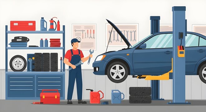 Skilled mechanic expertly servicing a blue car on a lift in a modern auto repair shop