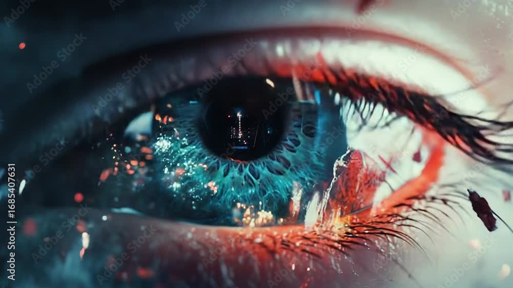 Poster eye reflecting futuristic robot and exploding reality