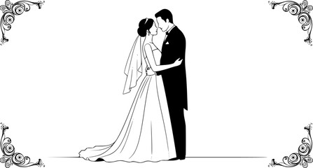 Line art wedding couple vector illustration silhouette isolated on white background 