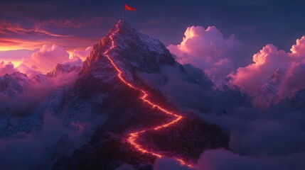 Scenic view of a winding illuminated trail reaching a mountain peak with a red flag under a serene sky