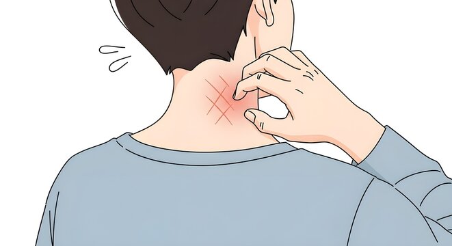 Relief from discomfort as a hand scratches an itchy, irritated neck with visible red marks