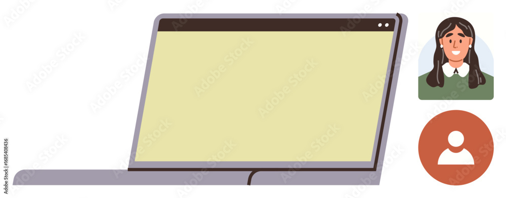 Poster open laptop with blank screen and two user avatars symbolizing communication, profile creation, and 